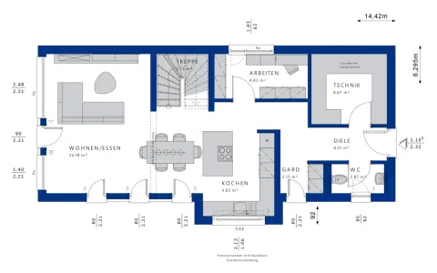 Grundriss Haus erstellen: Wohnen/Essen, Kochen, Arbeiten, Diele, WC, Garderobe, Technik, Treppe.