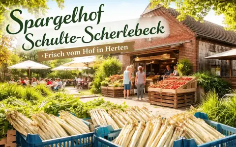 Frischer Spargel und Tomaten auf dem Spargelhof Schulte-Scherlebeck. Gäste genießen die Sonne unter Sonnenschirmen.