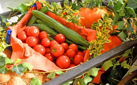 Frisches Gemüse wie Tomaten und Gurken, dekoriert mit Efeu und Kürbissen, erinnert an einen bunten markt kreis recklinghausen.