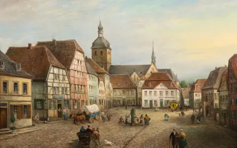 Gemälde eines belebten Marktplatzes in Recklinghausen mit Fachwerkhäusern, Kutschen und Menschen.