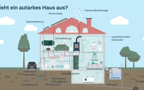 Ein **selbstversorger autarkes Haus** mit Photovoltaik, Kleinwindkraftanlage, Wärmepumpe, Batteriespeicher und Zisterne zeigt, wie Energie und Wasser unabhängig genutzt werden.