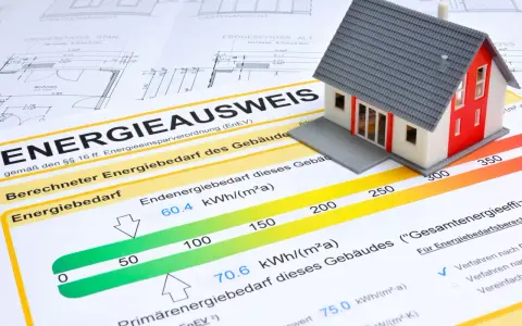 Modellhaus auf einem Energieausweis (Verbrauchsausweis oder Bedarfsausweis). Der Ausweis zeigt den Energiebedarf eines Gebäudes mit einer Skala von grün bis rot.