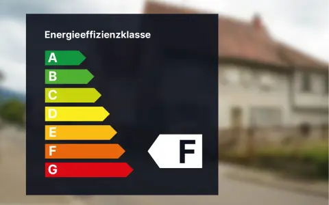 Energieausweis f. Haus: Die Energieeffizienzklasse F wird angezeigt, was auf einen hohen Energieverbrauch hindeutet.