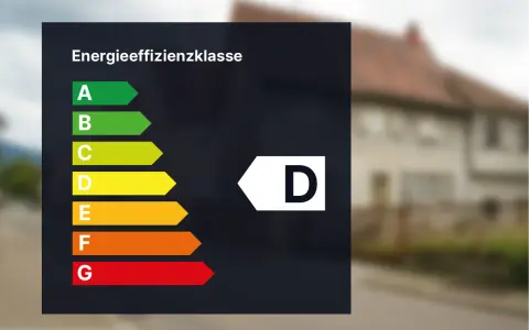 Energieeffizienzklasse D auf einem dunklen Hintergrund. Das Haus im Hintergrund hat eine braune Ziegeldach.