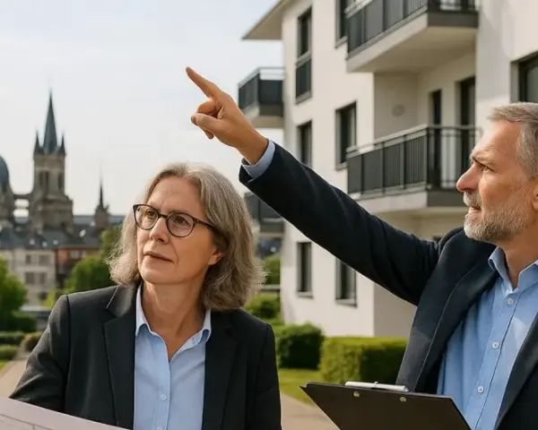 Immobilienpreise Aachen: Ein Mann zeigt auf ein neues Gebäude, während eine Frau Pläne studiert. Im Hintergrund die Aachener Domkuppeln.