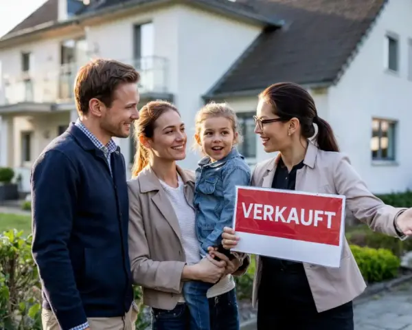 Glückliche Familie vor Haus mit "Verkauft"-Schild. Die Immobilienpreise in Siegen sind im Aufwind, und dieses Haus hat schnell einen neuen Besitzer gefunden.