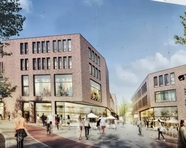 Belebtes Treiben in der Herten Innenstadt: Menschen flanieren vor modernen Backsteingebäuden mit großen Fensterfronten und Cafés.