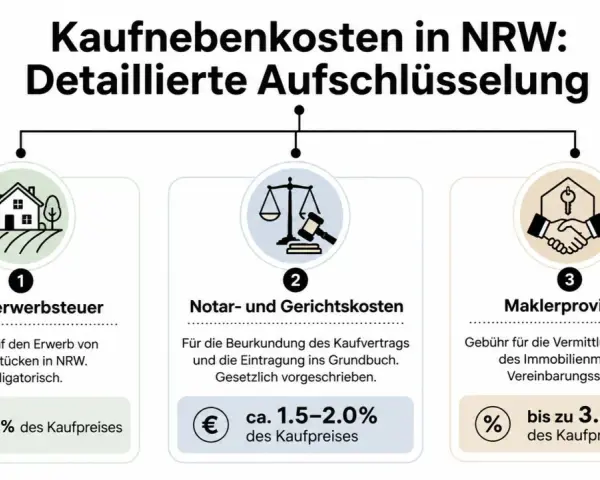 Übersicht der Kaufnebenkosten in NRW: Grunderwerbsteuer (6,5%), Notar-/Gerichtskosten (1,5-2%) und Maklerprovision (bis 3,57%).