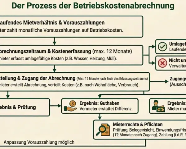 Ablauf der Betriebskostenabrechnung: Vorauszahlungen, Erfassung, Erstellung, Ergebnis. So können Sie Ihre nebenkostenabrechnung selber machen.