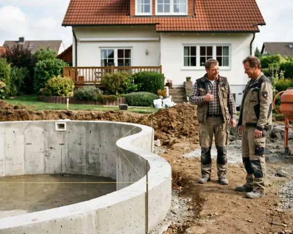 Zwei Bauarbeiter besprechen den Fortschritt eines Pools. Sie scheinen Wege zu finden, den **Bauzwang umgehen** zu können, indem sie kreative Lösungen für die Herausforderungen auf der Baustelle finden.