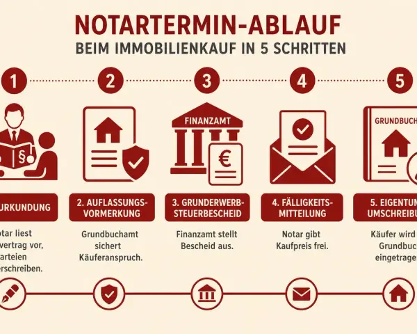 Ablauf beim Immobilienkauf: Notar liest Vertrag vor, Grundbuchamt sichert Anspruch, Finanzamt stellt Bescheid aus, Notar gibt Kaufpreis frei, Käufer wird im Grundbuch eingetragen. Notaranderkonto abgeschafft.