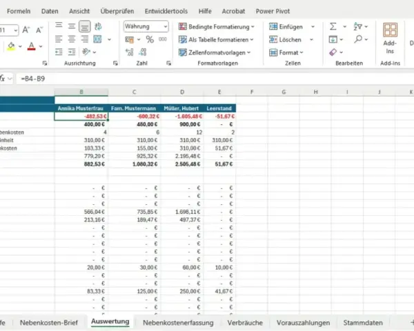 Excel-Tabelle mit Nebenkostenabrechnung Vorlage. Zeigt Kostenaufstellung für verschiedene Mieter.