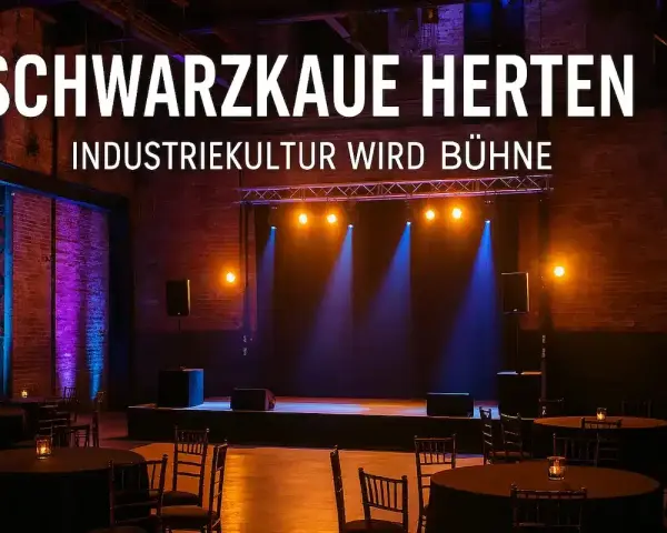 Bühne in der Schwarzkaue Herten, wo Industriekultur zum Leben erwacht. Tische und Stühle sind für Gäste bereit.