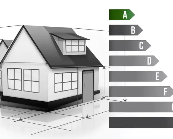 Ein Haus mit Messlinien und einer Skala von A bis H, die die energieeffizienzklasse haus darstellt.