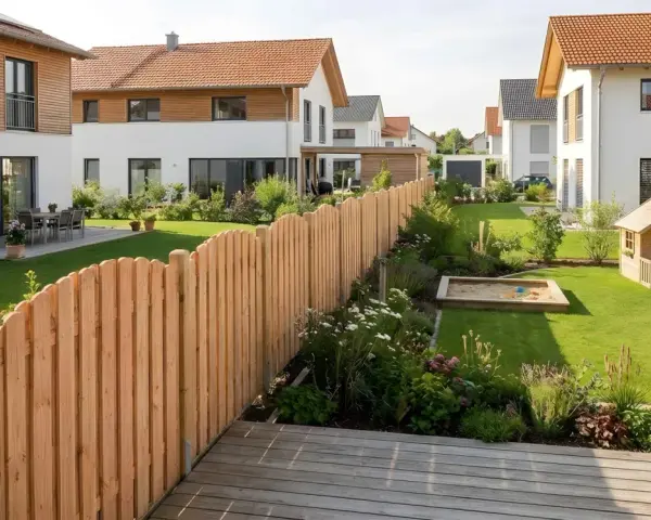 Holzzaun als sichtschutz garten ideen, mit Spielhaus und Sandkasten für Kinder.