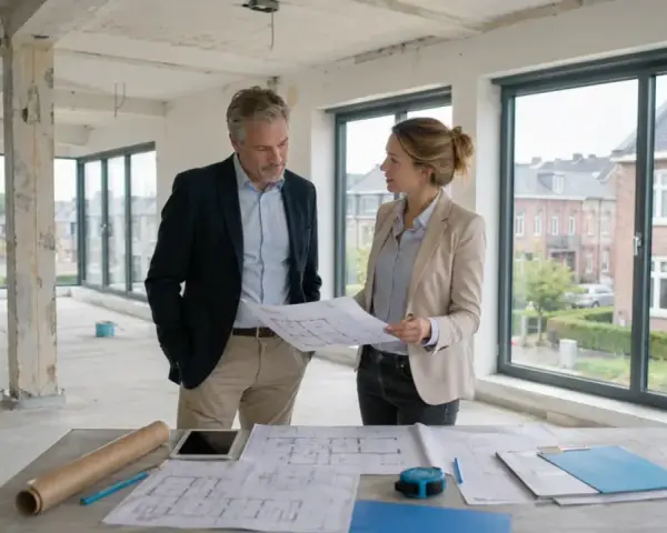 Architekten besprechen Pläne für die Umnutzung Gewerbe zu Wohnraum in einem Rohbau mit großen Fenstern und Blick auf Häuser.