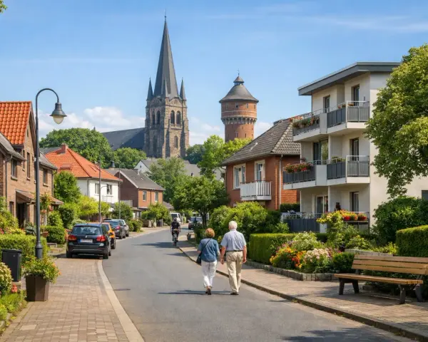 Idyllische Straße in Porta Westfalica mit Kirche und Wasserturm. Ein älteres Paar spaziert, während Autos parken. Der Mietspiegel Porta Westfalica spiegelt diese ruhige Wohngegend wider.