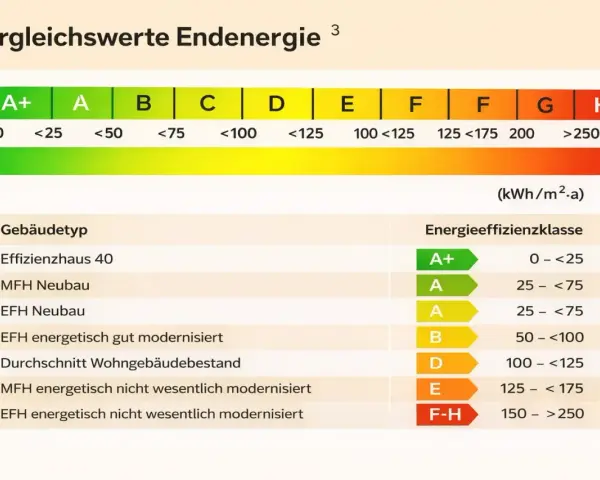 Vergleichswerte Endenergie: neuer energieausweis zeigt Effizienzklassen von A+ bis H für verschiedene Gebäudetypen.