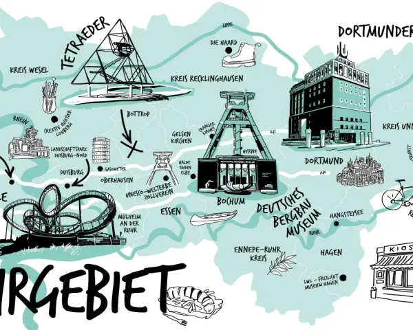 Karte des Ruhrgebiets mit Sehenswürdigkeiten wie dem Tetraeder Bottrop, dem Dortmunder U und dem Landschaftspark Duisburg-Nord.