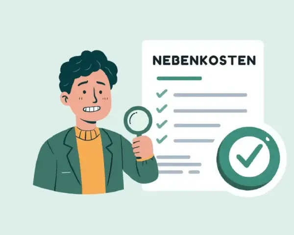 Mann prüft mit Lupe eine Liste mit "Nebenkosten". Beispiele für Betriebskosten werden hier offenbar detailliert.