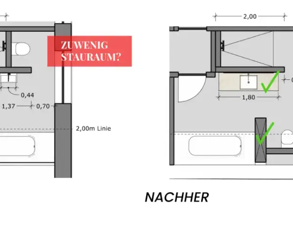 Grundriss planen: Vorher wenig Stauraum, nachher dank Umbau genug Stauraum!