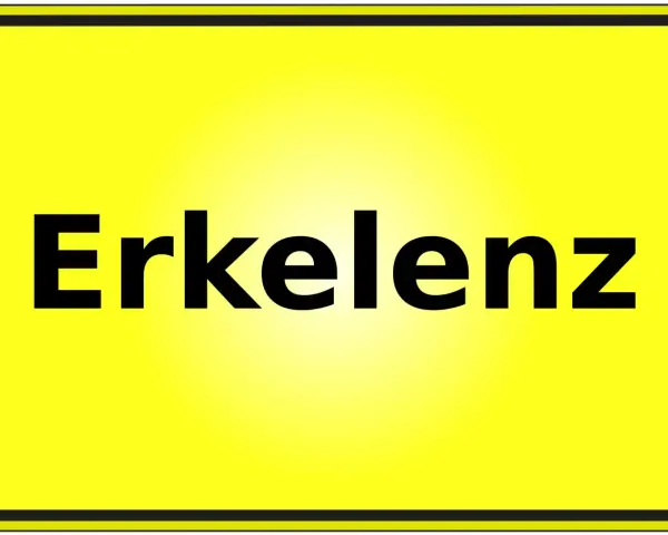 Gelbes Ortsschild mit schwarzer Schrift "Erkelenz". Hier finden Sie Informationen zum Mietspiegel Erkelenz.