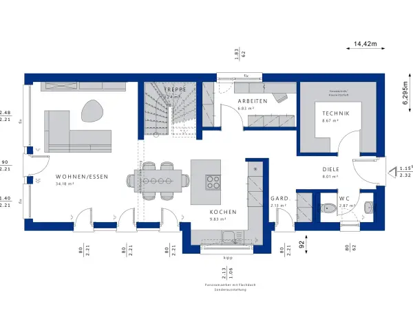 Grundriss Haus erstellen: Wohnen/Essen, Kochen, Arbeiten, Diele, WC, Garderobe, Technik, Treppe.