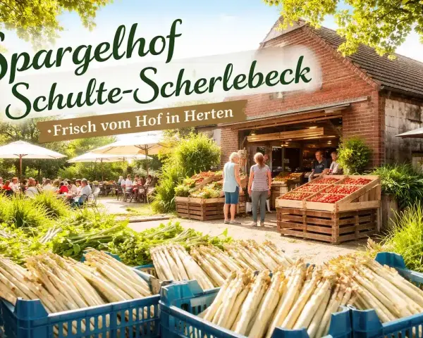 Frischer Spargel und Tomaten auf dem Spargelhof Schulte-Scherlebeck. Gäste genießen die Sonne unter Sonnenschirmen.