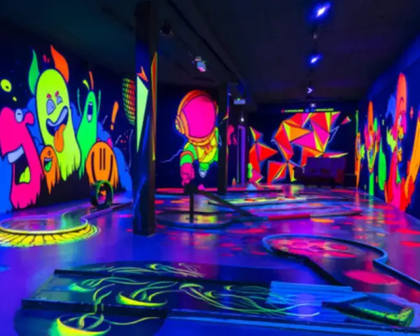 Ein leuchtendes Indoor-Minigolf-Paradies mit Neon-Wänden, die bunte Monster und Pilze zeigen.