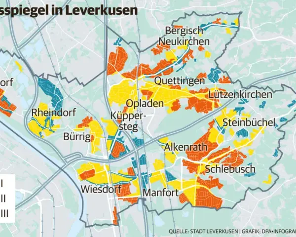 Mietpreisspiegel Leverkusen: Karte zeigt Zonen I (blau), II (gelb) und III (orange) für verschiedene Stadtteile wie Hitdorf, Opladen und Schlebusch.