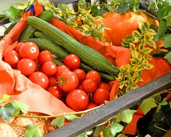 Frisches Gemüse wie Tomaten und Gurken, dekoriert mit Efeu und Kürbissen, erinnert an einen bunten markt kreis recklinghausen.