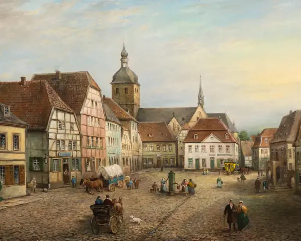 Gemälde eines belebten Marktplatzes in Recklinghausen mit Fachwerkhäusern, Kutschen und Menschen.