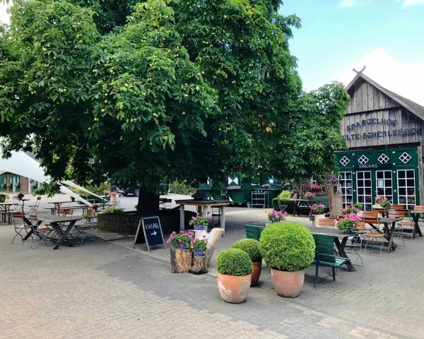 Einladende Sitzgelegenheiten unter einem großen Baum im naturerlebnisgarten Herten. Der Spargelhof mit grünen Türen und der Aufschrift "Eingang" ist im Hintergrund zu sehen.