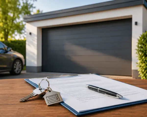 Schlüssel und Stift liegen auf einem Mietvertrag für eine Garage. Eine kostenlose Vorlage für einen Mietvertrag Garage ist hier abgebildet.