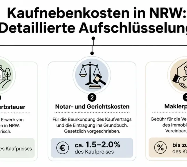 Übersicht der Kaufnebenkosten in NRW: Grunderwerbsteuer (6,5%), Notar-/Gerichtskosten (1,5-2%) und Maklerprovision (bis 3,57%).