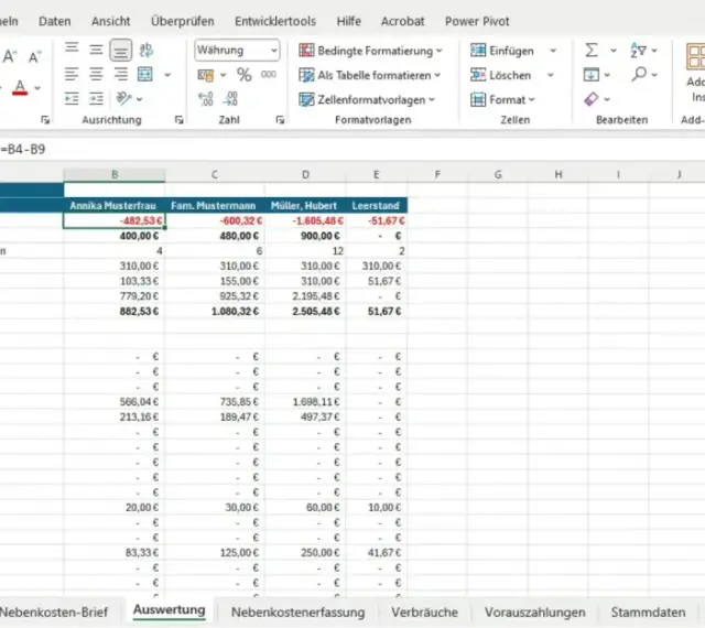 Excel-Tabelle mit Nebenkostenabrechnung Vorlage. Zeigt Kostenaufstellung für verschiedene Mieter.