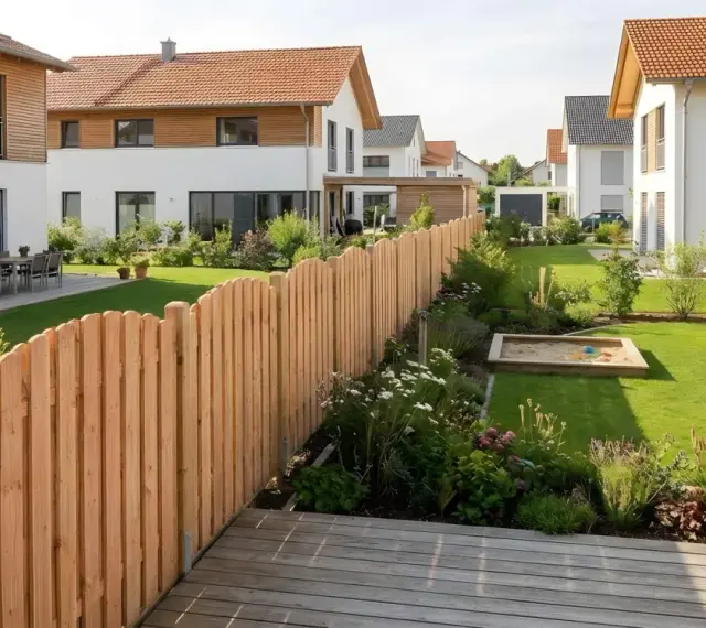 Holzzaun als sichtschutz garten ideen, mit Spielhaus und Sandkasten für Kinder.