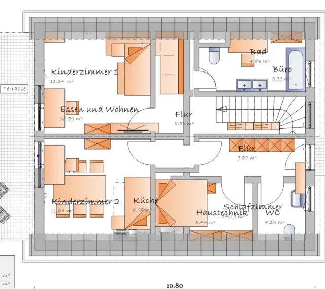 Grundriss planen: Haus mit zwei Kinderzimmern, Wohn-/Essbereich, Küche, Bad, Büro, WC, Flur und Terrasse.