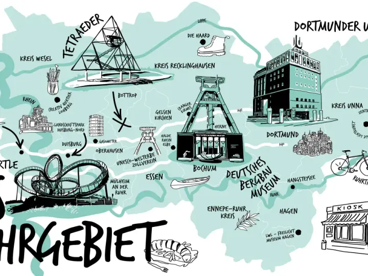 Karte des Ruhrgebiets mit Sehenswürdigkeiten wie dem Tetraeder Bottrop, dem Dortmunder U und dem Landschaftspark Duisburg-Nord.