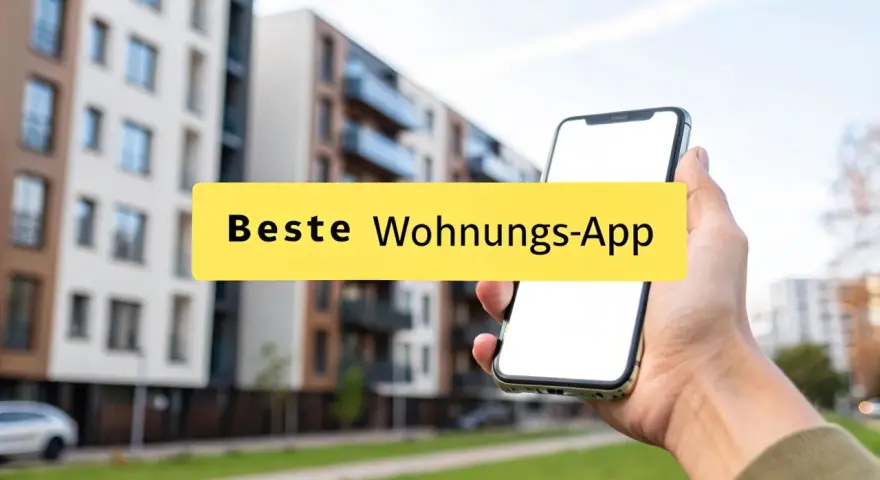 Hand hält Smartphone mit der Aufschrift "Beste Wohnungs-App" vor modernen Gebäuden.