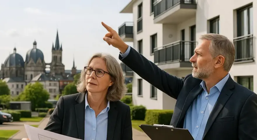 Immobilienpreise Aachen: Ein Mann zeigt auf ein neues Gebäude, während eine Frau Pläne studiert. Im Hintergrund die Aachener Domkuppeln.