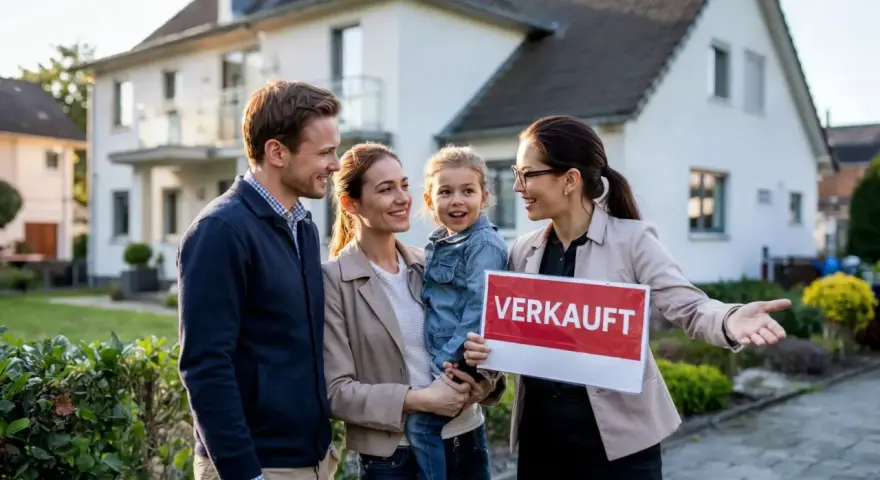 Glückliche Familie vor Haus mit "Verkauft"-Schild. Die Immobilienpreise in Siegen sind im Aufwind, und dieses Haus hat schnell einen neuen Besitzer gefunden.