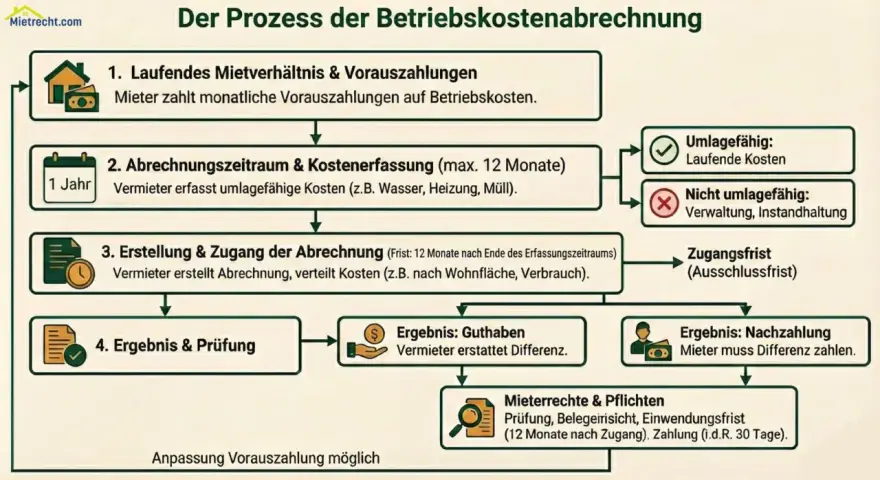 Ablauf der Betriebskostenabrechnung: Vorauszahlungen, Erfassung, Erstellung, Ergebnis. So können Sie Ihre nebenkostenabrechnung selber machen.