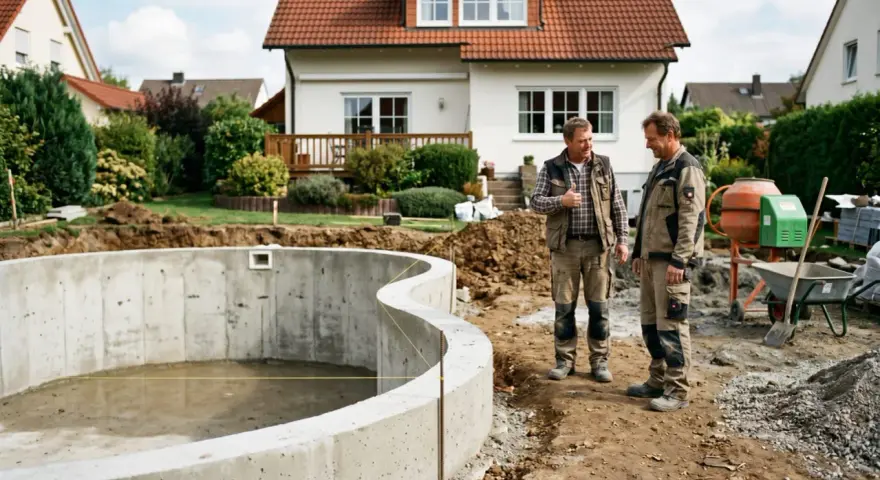 Zwei Bauarbeiter besprechen den Fortschritt eines Pools. Sie scheinen Wege zu finden, den **Bauzwang umgehen** zu können, indem sie kreative Lösungen für die Herausforderungen auf der Baustelle finden.
