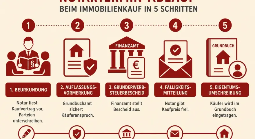 Ablauf beim Immobilienkauf: Notar liest Vertrag vor, Grundbuchamt sichert Anspruch, Finanzamt stellt Bescheid aus, Notar gibt Kaufpreis frei, Käufer wird im Grundbuch eingetragen. Notaranderkonto abgeschafft.