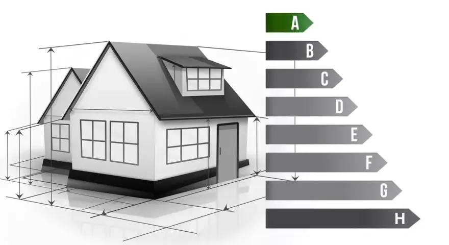 Ein Haus mit Messlinien und einer Skala von A bis H, die die energieeffizienzklasse haus darstellt.