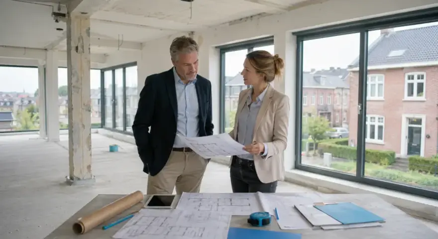 Architekten besprechen Pläne für die Umnutzung Gewerbe zu Wohnraum in einem Rohbau mit großen Fenstern und Blick auf Häuser.