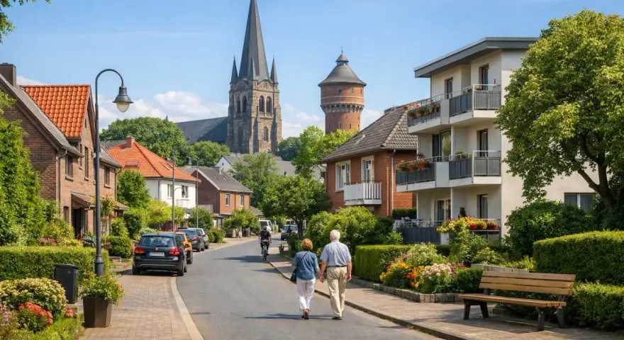 Idyllische Straße in Porta Westfalica mit Kirche und Wasserturm. Ein älteres Paar spaziert, während Autos parken. Der Mietspiegel Porta Westfalica spiegelt diese ruhige Wohngegend wider.