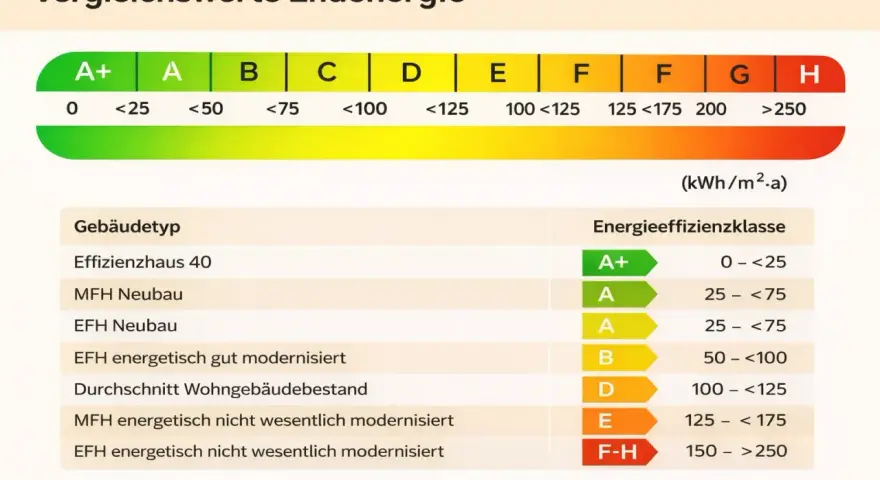 Vergleichswerte Endenergie: neuer energieausweis zeigt Effizienzklassen von A+ bis H für verschiedene Gebäudetypen.