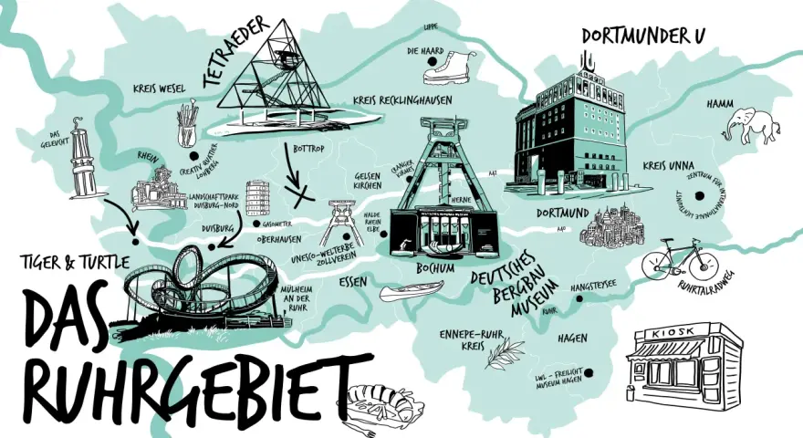 Karte des Ruhrgebiets mit Sehenswürdigkeiten wie dem Tetraeder Bottrop, dem Dortmunder U und dem Landschaftspark Duisburg-Nord.